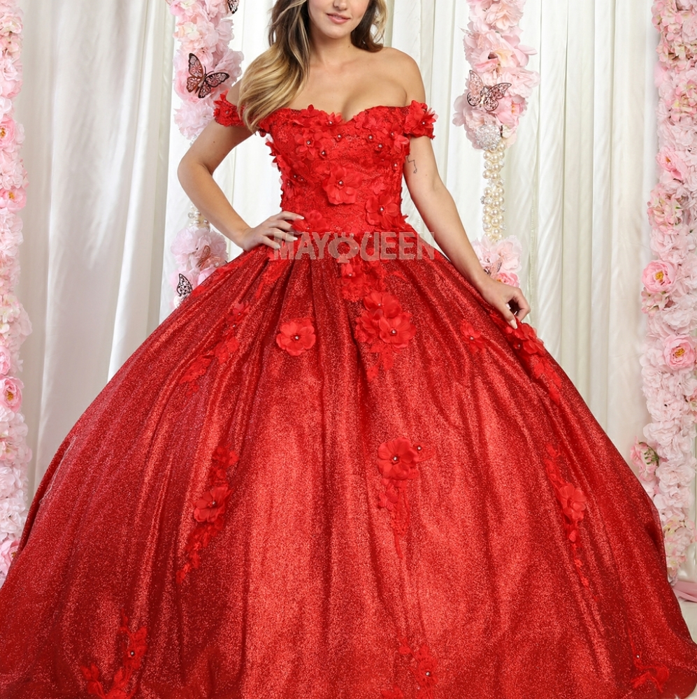 Red or blue Off shoulder floral beaded lace up back quiecenara  ball gown - Picture 6 of 9